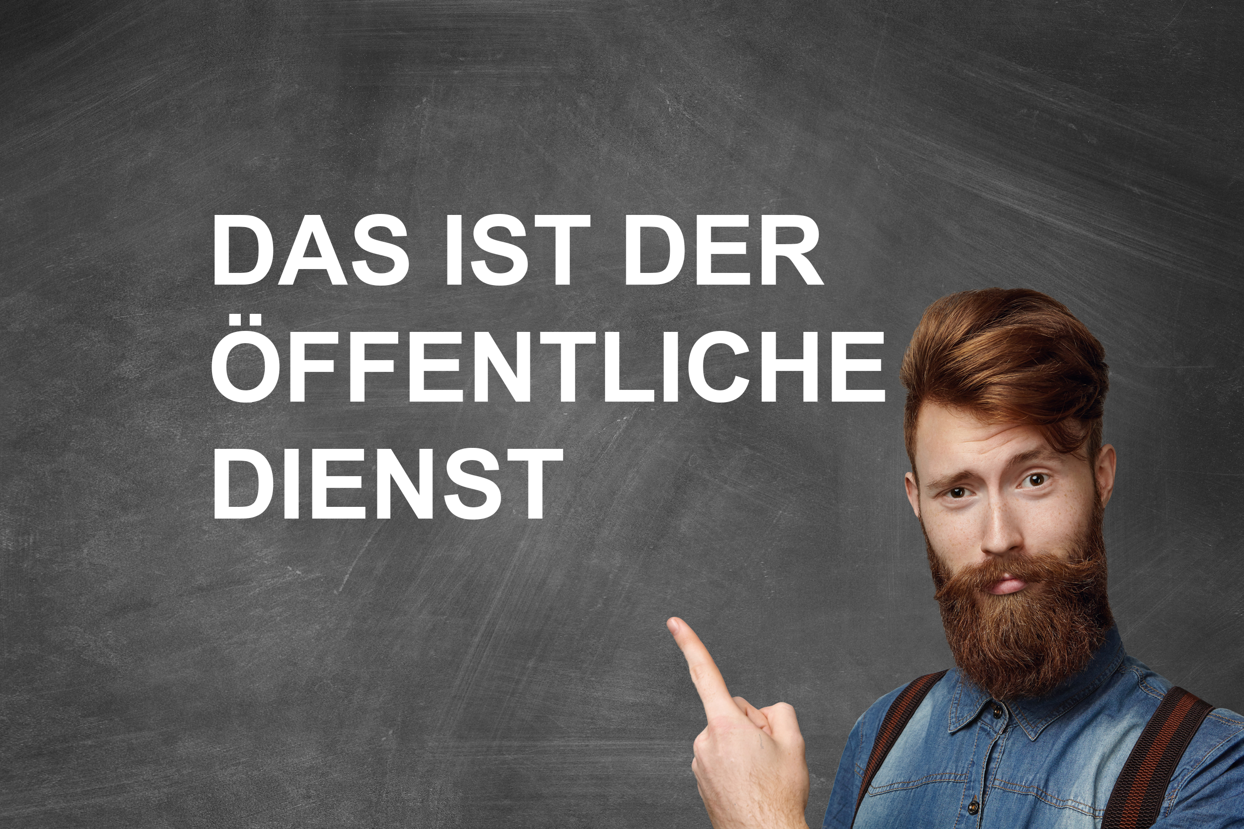 Rechts Mann mit Bart, Jeanshemd und Hosenträgern vor dunkelgrauem Hintergrund; sein Zeigefinger zeigt nach links oben auf den weißen Schriftzug "Das ist der Öffentliche Dienst"